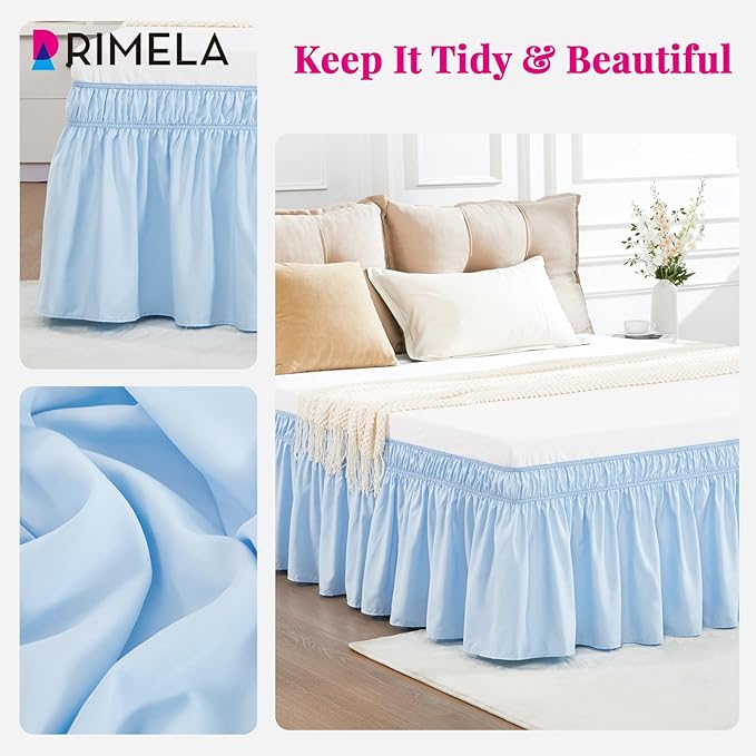 RIMELA Light Blue Bed Skirt Queen Size 18 Inch Drop, Elastic Bed Skirting for Bed Base and Frame, Bedding Dust Ruffle Easy to Install, Lightweight Wrap Around Adjustable Bedskirt