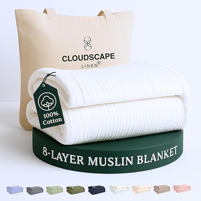 Cloud Scape Linen 8-Layer Muslin Blanket King Size for Adult - 100% Cotton, Heavy Weighted and Soft, All Season, Winter Cozy Blanket, Fits up to California King Bed, 92x108, White