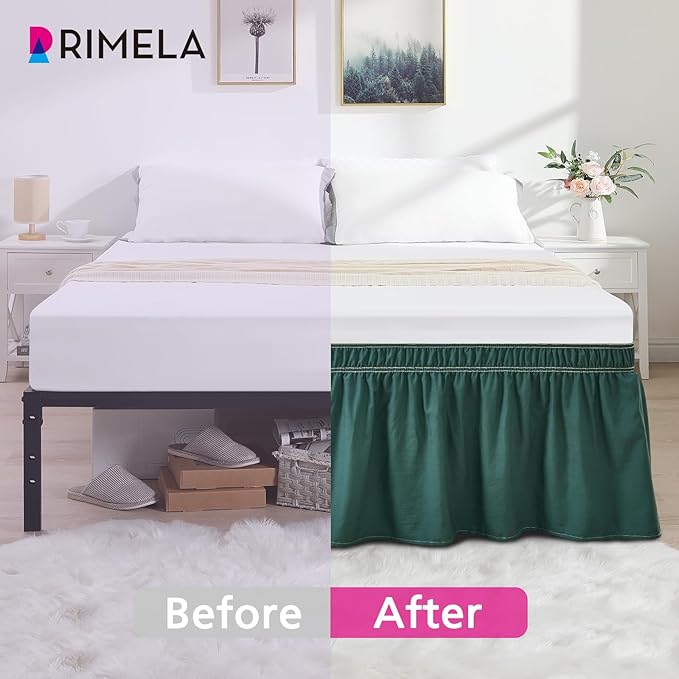 RIMELA Emerald Green Bed Skirt Queen Size 15 Inch Drop, Wrap Around Elastic Bedskirt, Dust Ruffle for Adjustable Bed Base Machine Washable Easy to Install Bed Skirts