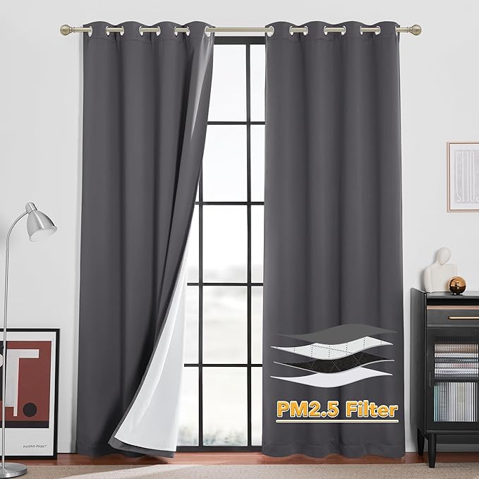 RYB HOME Soundproof & Dust Particle Filtering Curtains Blackout Window Treatment for Bedroom Living Room Divider Nursery Daytime Sleeping Patio Door, Grey, W52 x L 102 inch, 2 Panels