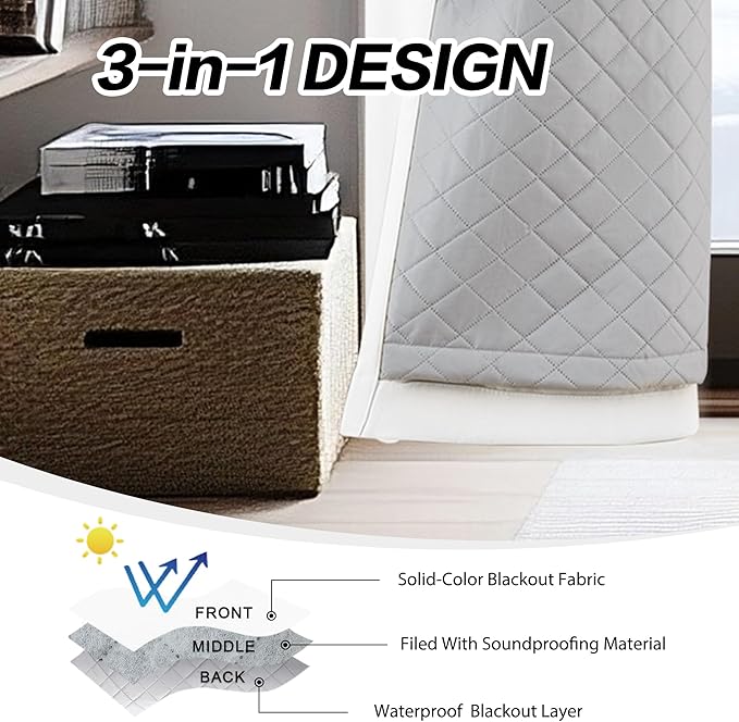 Soundproof 3-in-1 100% Blackout Room Divider Energy Saving Grommet Curtains Thermal Curtains for Bedroom Living Room (Pure White, 50x80 Inches, 1 Panel)