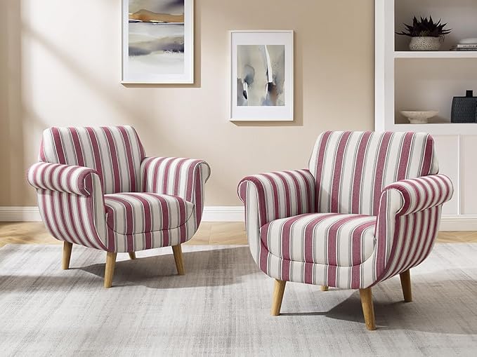 VANOMi Mid-Century Accent Chair with Stripe Pattern, Modern Linen Fabric Armchair with Wood Legs, Club Chair for Living Room, Comfy Upholstered Side Chairs for Bedroom, Reading, Small Place (Red)