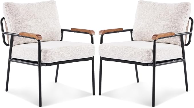 VINGLI Mid-Century Modern Accent Armchiars Set of 2 for Small Space, Small Comfy Upholstered Leisure Reading Chairs with Wood Armrests for Bedroom, Living Room, Waiting Room, Linen Beige