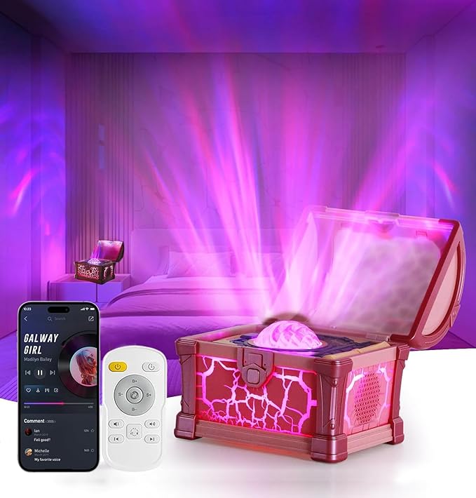 Treasure Box Northern Lights Projector, Galaxy Aurora Night Light Projector with 8 Colors, White Noises, Timer & Remote Control, Ceiling Projection Ambient Lighting for Bedroom Gaming Room Gifts, Pink