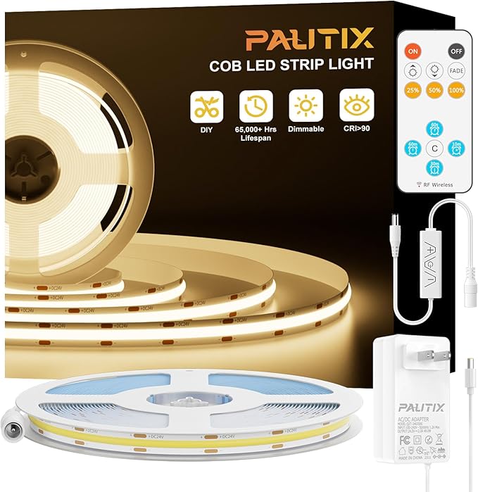 PAUTIX COB LED Strip Lights with RF Remote,UL Listed Dotless LED Lights Dimmable 3000K Warm White,Super Bright 16.4ft Flexible 24V LED Tape Light,for Kitchen Cabinets,Bed,Office,Stairs Indoor Lighting