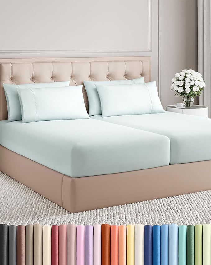 Split King 7 Piece Sheet Set - Cooling & Breathable - Hotel Luxury Bedding, Includes Fitted Sheets for Women, Men, Kids & Teens - 1 Flat, 2 Fitted Sheets, 4 Pillowcases with Deep Pockets - Ice Blue