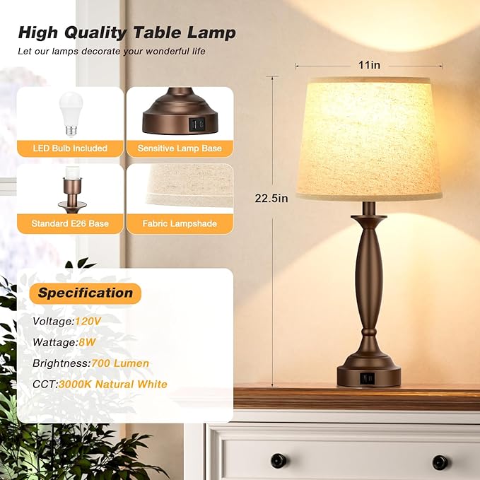 Seealle Beige Brown Lamps for Bedrooms Set of 2 - Touch Control Bedside Lamp with USB C+A, 3 Way Dimmable Nightstand Lamps with USB Port, Table Lamp for Living Room(Beige Shade and Brown Base)
