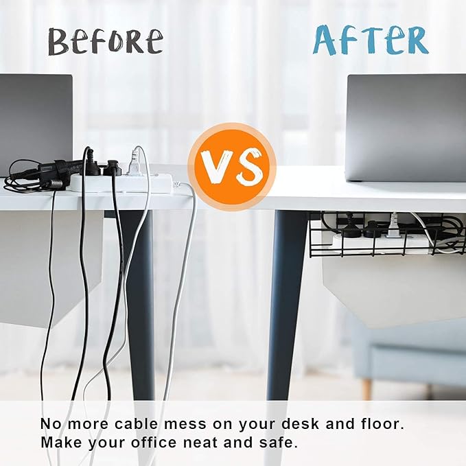 Under Desk Cable Management- 6 Pack Cord Organizer. Metal Wire Cable Management Tray for Office, Studio and Home. Super Sturdy Under Table Cable Managements - Black Cable Organizer