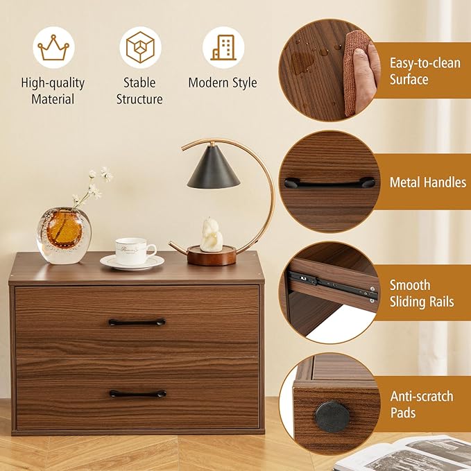 Giantex Stackable 2-Drawer Dressers for Bedroom - Short Dresser Two Drawer Storage Cabinet w/Handles & Anti-Topping Device, Small Dresser Chest of 2 Drawers for Closet Bedroom (1, Walnut)