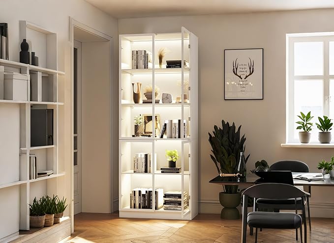 Display Storage Cabinet with Glass Door, LED Lights,Showcase for Collections, Perfume, Vinyl Albums, Bookcase for Home Office, Living Room, Clinic, Pantry (5 Layers-White)