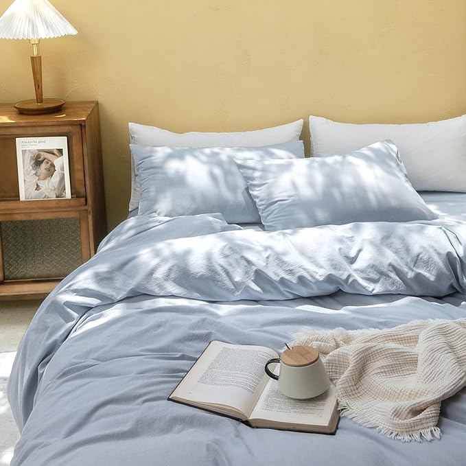 FOSSA Duvet Cover Set 100% Washed Cotton Linen Feel Super Soft Breathable Cozy 3 Pieces Bedding Sets Solid Cornflower Blue Super King Plus