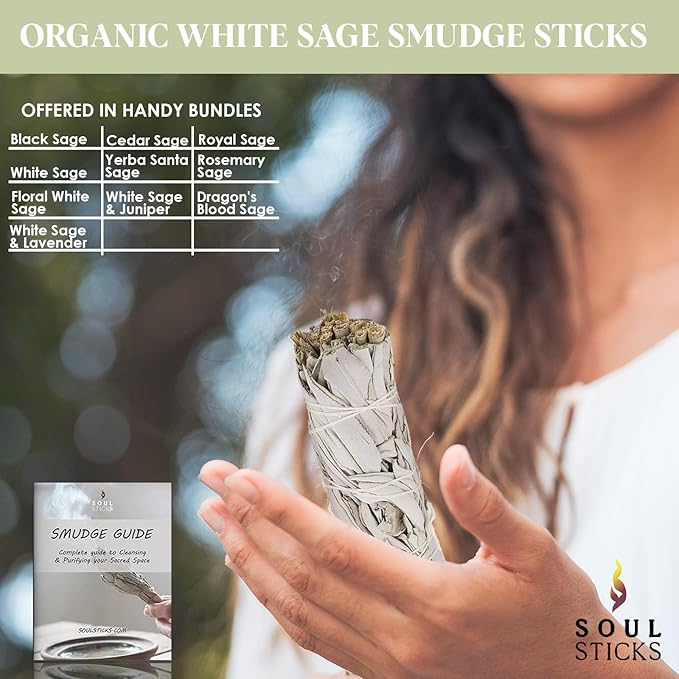 Soul Sticks 1 Pack 9 Inch White Sage Smudge Sticks with Starter Guide - Floral Home Sage for Cleansing House and Smudging Negative Energy