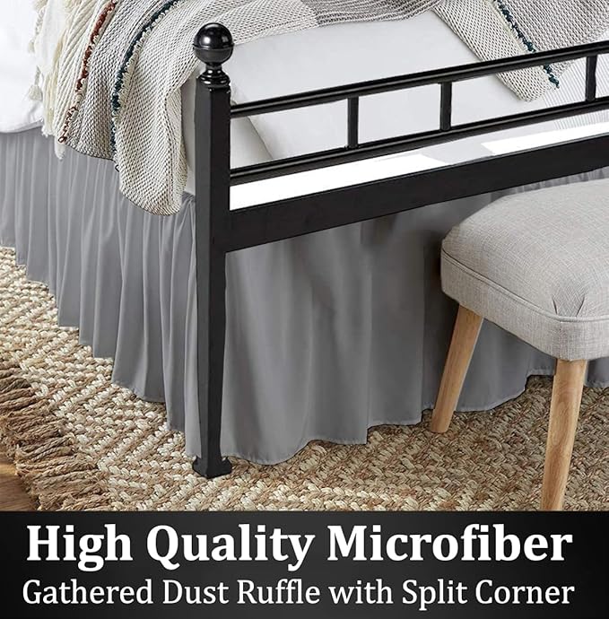 Ruffled Bed Skirt with Split Corners, Light Grey, Queen 16 Inch Drop Bedskirt, Hotel Quality Brushed Microfiber Wrinkle Free Dust Ruffle Bed Skirt Queen Size