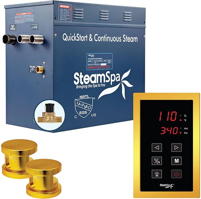 STEAMSPA 12kW Steam Sauna Generator Sentry Series 240V Steam Generator with Touch Screen, Steamhead, Built-in Steam Shower Auto Drain, ACU Quickstart Steam Bath Generator (Gold)