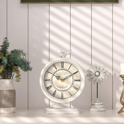 Vintage Table Clock with Bird, European Antique Style White Mantel Clocks, Desk and Shelf Decor Clock, for Farmhouse, Bedside, Living Room, Bedroom, Gift (9" H x 6.5" W)