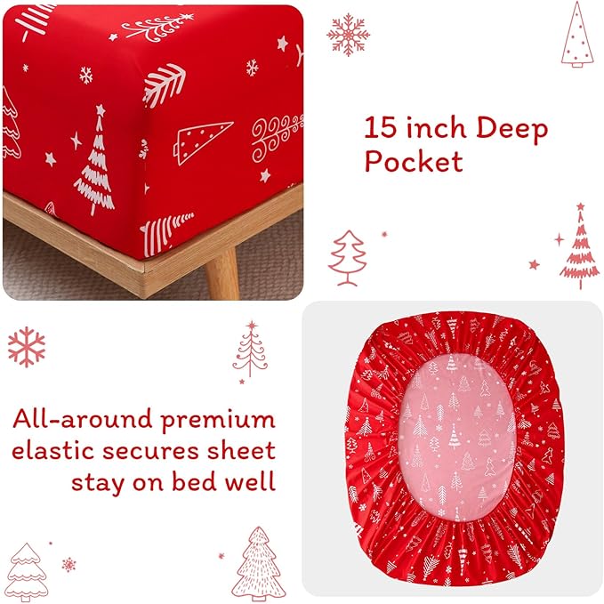 JSD Red Christmas Tree Kids Sheet Set Full Size, 4 Piece Soft Printed Microfiber Sheets Deep Pocket