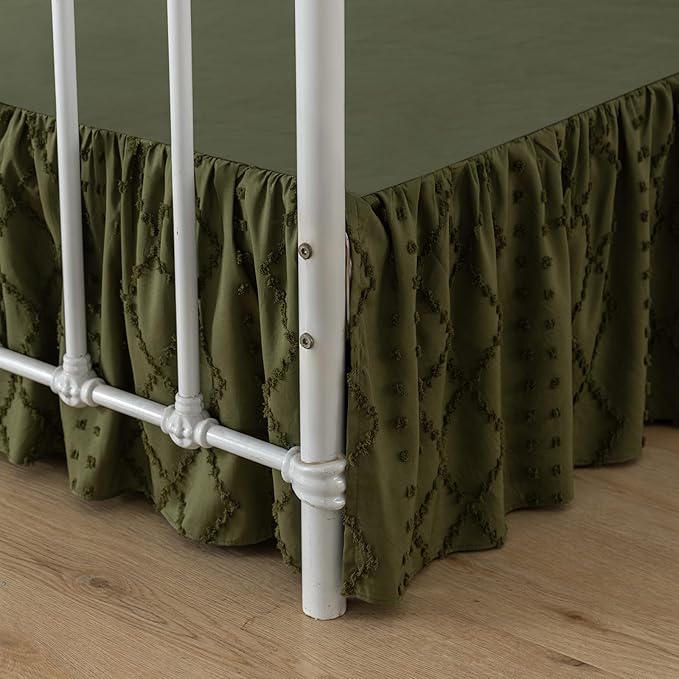 Bed Skirt Full Size Ruffled Bed Skirt with Split Corners, 14 Inch Drop Dust Ruffle Bed Skirts with Platform, Boho Tufted Shabby Chic Full Size Bed Skirts, Olive Green