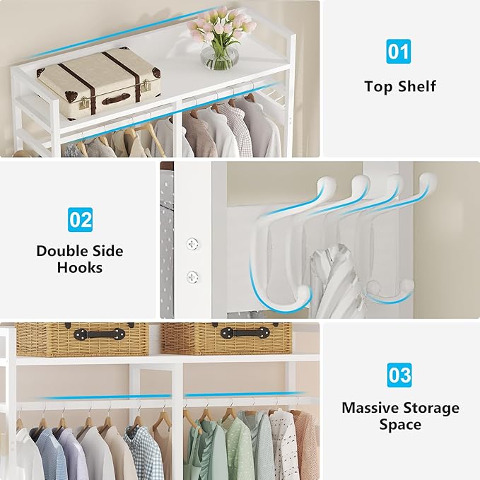 Tribesigns Freestanding Closet Organizer for Hanging Clothes, Heavy Duty Garment Rack with 4 Drawers, 8 Hooks and Storage Shelves, Wardrobe Closet Clothing Rack for Bedroom, Living Room, White Walnut