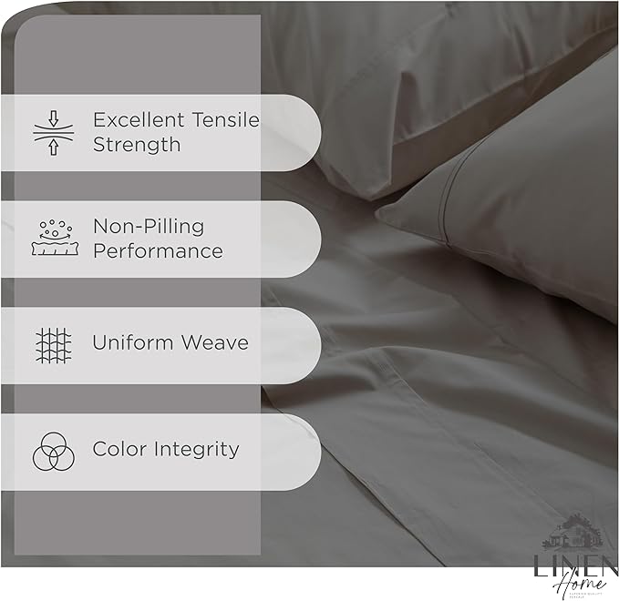 Linen Home 100% Cotton Percale Sheets Queen Size, Charcoal, Deep Pocket, 4 Pieces Set - 1 Flat, 1 Deep Pocket Fitted Sheet and 2 Pillowcases, Crisp Cool and Strong Bed Linen
