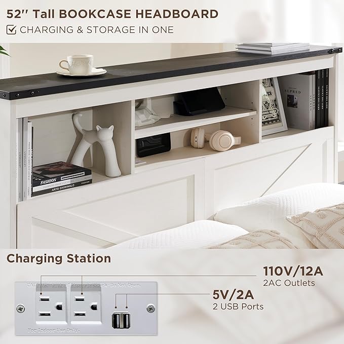 ACCOHOHO Farmhouse King Size Bed Frame with 52" High Storage Bookcase Headboard and 4 Drawers,Wooden Bed Frame with LED Light and Charging Station,White