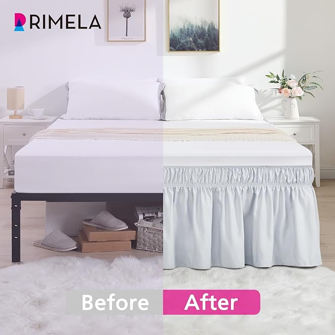 RIMELA Ice Grey Bed Skirt Queen Size 15 Inch Drop, Elastic Bed Skirting for Bed Base and Frame, Bedding Dust Ruffle Easy to Install, Lightweight Wrap Around Adjustable Bedskirt