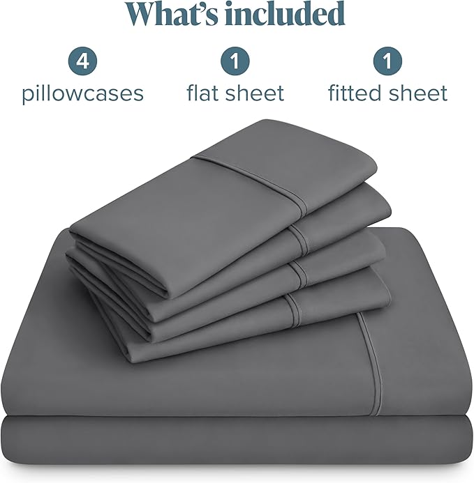 Bare Home Hotel Luxury Queen Sheet Set, Extra Soft - 6 Piece Set - Deep Pockets - Easy Fit - Cooling & Breathable - Wrinkle, Fade, Stain Resistant - Includes 4 Pillowcases (Queen, Grey)