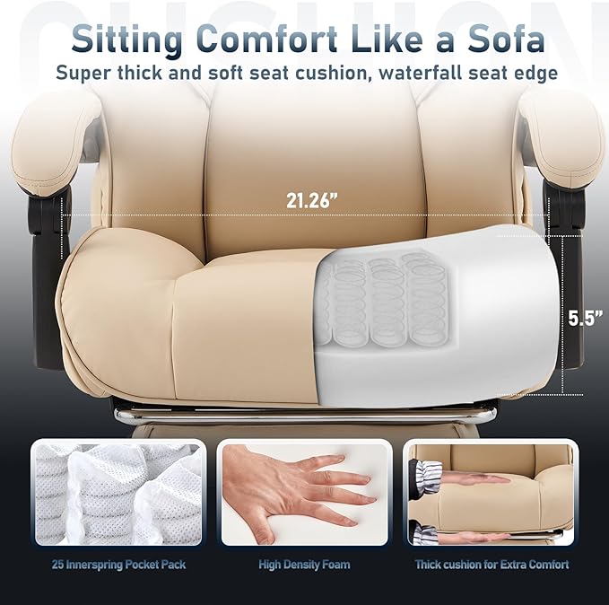 COLAMY Office Chair with Retractable Footrest, Ergonomic High Back Design Executive Computer Desk Chair with Removable Lumbar Pillow, 90-135°Reclining, Thick Bonded Leather for Home Office Work, Khaki