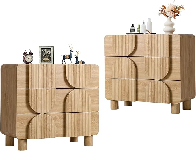 3 Drawer Dressers for Bedroom, 31.5" Wide Large Mid Century Modern Fluted Nightstand 2 Sets, Wood Dresser & Chest of Drawers with Curved Profile for Living Room, Entryway, Hallway Natural