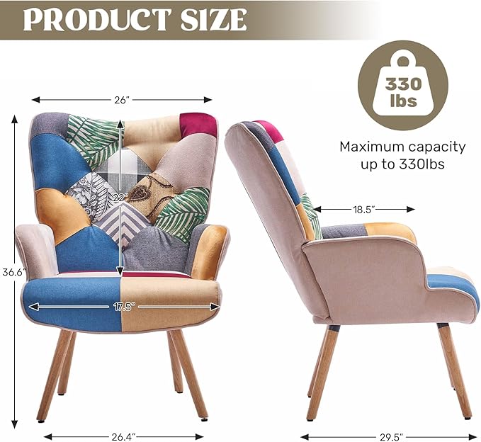 Joysoul Living Room Accent Chair Modern High Back Arm Chair, Colorful Plaid Bohemian Style Chairs for Bedroom Waiting Room