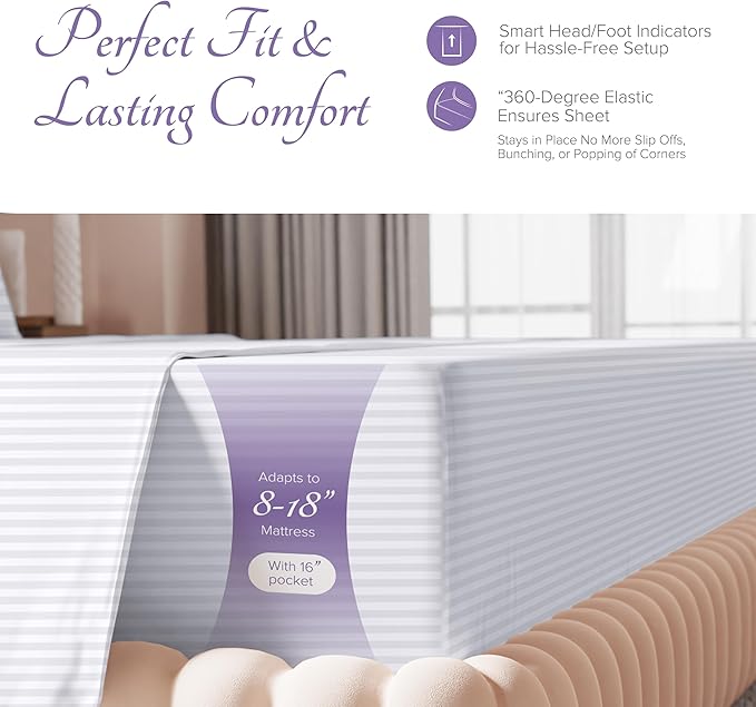 Carressa Linen Striped Split King Sheets Sets for Adjustable Bed - 100% Egyptian Cotton 600 Thread Count 5 PC Top Split King Sheet (White), 16" Deep Pocket Soft Cooling Luxury Hotel Damask Sheets
