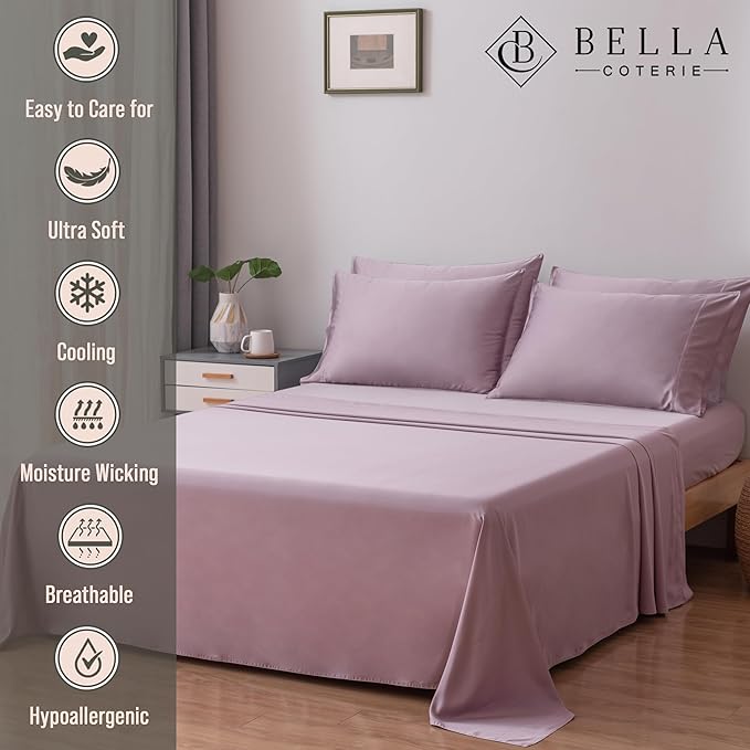 Bella Coterie 6 Piece Luxury Bamboo Viscose King Size Sheet Set | 100% Organically Grown | Cooling for Hot Sleepers | 18" Deep Pocket | Soft & Hypoallergenic | 4 Pillowcases [Lilac]