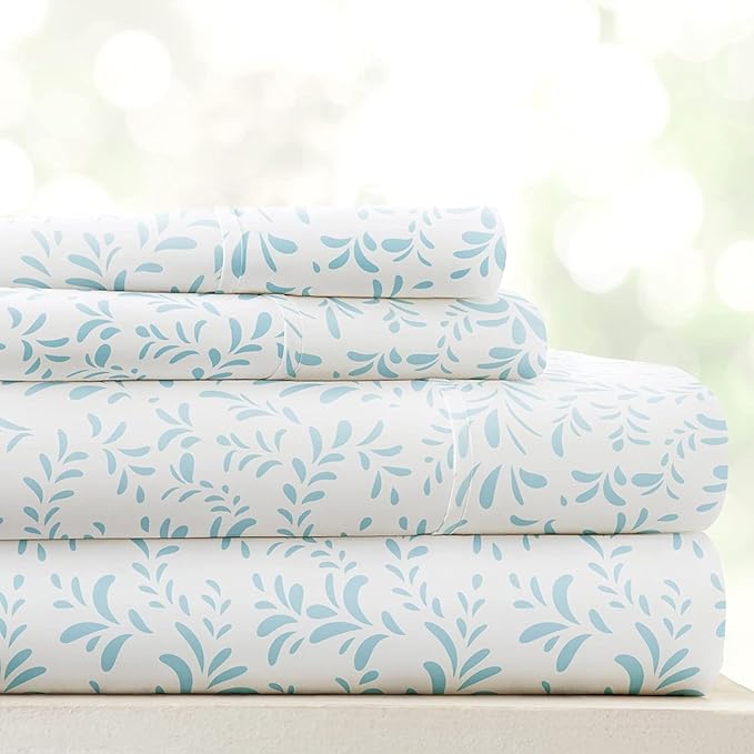 Linen Market Patterned Microfiber Queen Sheet Set 4 Piece – Oeko-TEX Certified Ultra Soft & Wrinkle-Free - 16" Deep Pocket Sheets - Easy Care Queen Size - Burst of Vines Light Blue