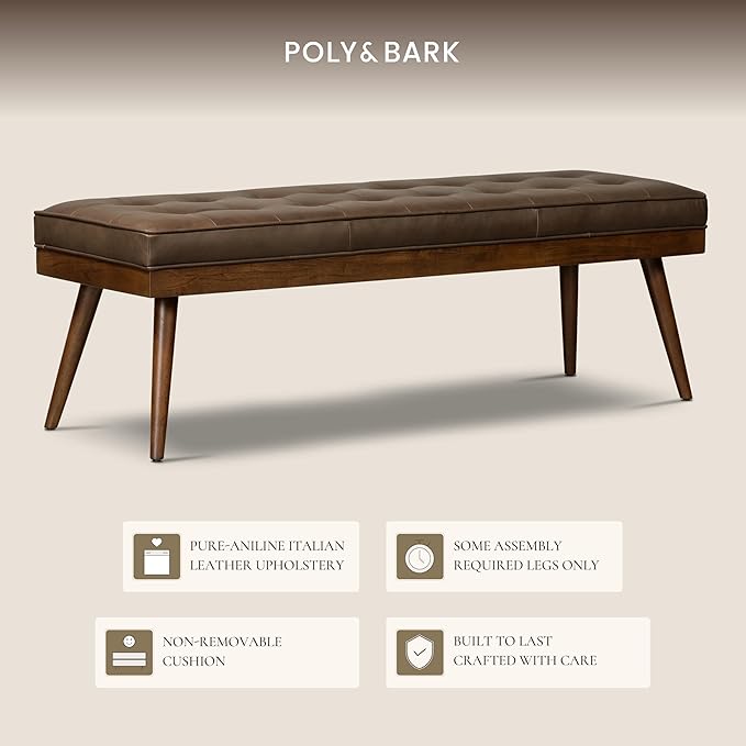 Poly & BARK 55" Tufted Leather Bed Bench for Bedroom End of Bed - Living Room Entry Way Bench - Pure Italian Leather Upholstery with a Solid Wood Frame - Ottoman Bench with Wooden Legs - Cocoa Brown