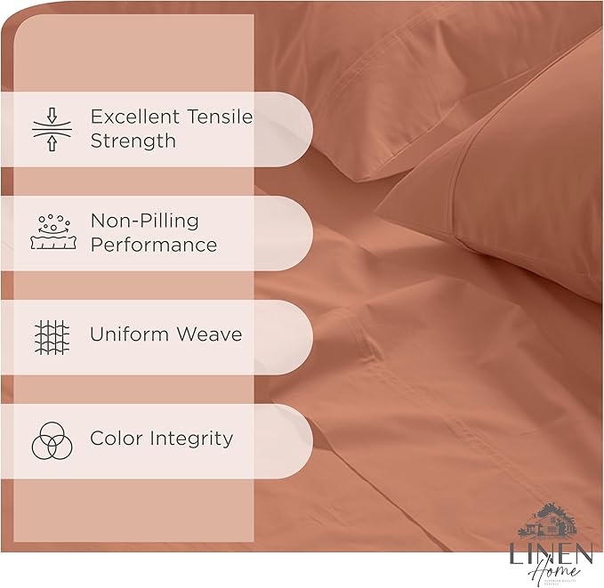 Linen Home 100% Cotton Percale Sheets Full Size, Tera Clay, Deep Pocket, 4 Pieces Set - 1 Flat, 1 Deep Pocket Fitted Sheet and 2 Pillowcases, Crisp Cool and Strong Bed Linen