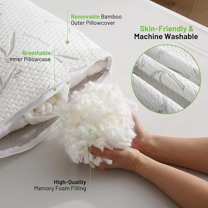 Full Body Pillow with Removable Pillowcase for Adults,（Memory Foam Filling）（Long Pillow for Side Sleepers） （Fluffy and Firm）（Adjustable Filling）（20×54 Inch，White）