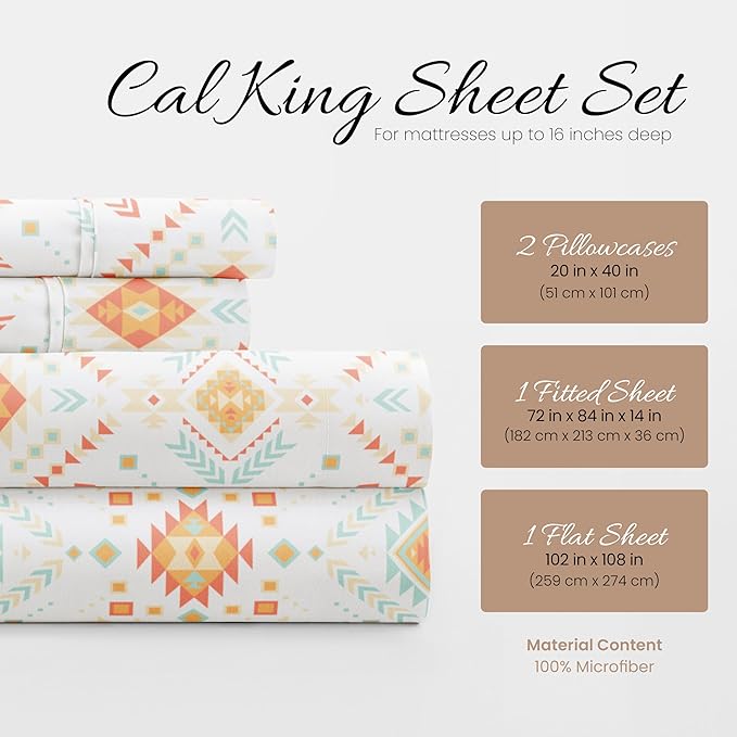 Linen Market 4 Piece California King Bedding Sheet Set (Aztec Coral) - Sleep Better Than Ever with These Ultra-Soft Cooling Bed Sheets for Your California King Size Bed - Deep Pocket Fits 16" Mattress
