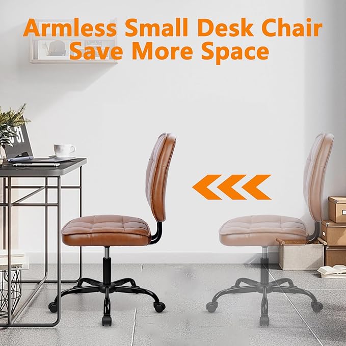 CLATINA Armless Home Office Chair with Lumbar Support and Wheels, Small PU Leather Ergonomic Low Back Desk Chairs No Arms, Adjustable Height 360° Swivel Rolling Computer Task Chair, Brown, 4 Pack