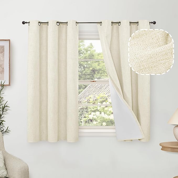 45 Inch Length Linen Blackout Curtains for Short Cafe Window, Thermal Insulated Light Blocking Soundproof Privacy Burlap Curtains 2 Panels, Each 38 Inch Wide Cream