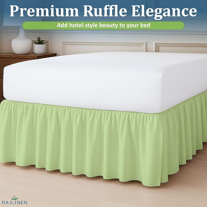 Rajlinen Ruffled Bed Skirt King, 14 Inch Drop Dust Ruffle with Split Corners, 100% Microfiber Bedskirt with Platform, Three-Sided Coverage Ruffled Gathering Design, Sage
