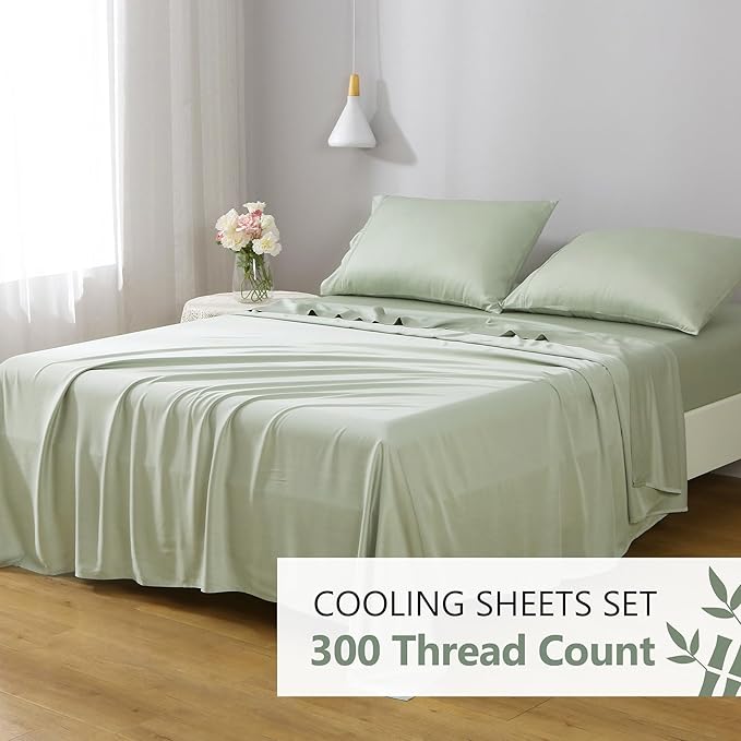 Linen World Cooling Bed Sheets Set King Size,100% Organically Grown Viscose Sheets,Deep Pocket Up to 16",4 Pieces Silky Soft,Breathable Bedding Sheets & Pillowcases(Sage Green,King)