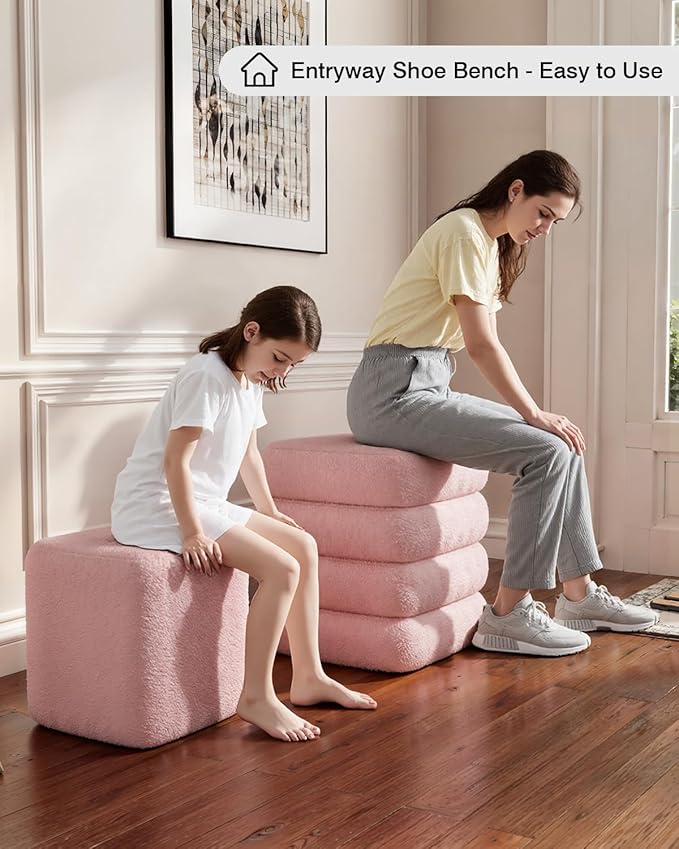 2-Piece Heavy-Duty Nesting Storage Ottoman Set, 440LBS Capacity Square Upholstered Vanity Stool with Lift-Top Storage for Living Room/Bedroom, Space-Saving Seating & Footrest, Pink UASND69P