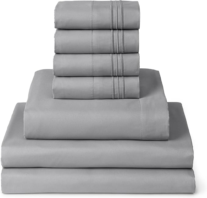 Mellanni Split King Sheet Set - 7-Piece Iconic Collection Bedding, (Including 4 Pillowcases), 16-Inch Deep Pocket, Easy Care, Extra Soft, Cooling Sheets, Brushed Microfiber - Light Gray
