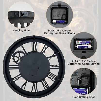 The B-Style Large Wall Clock 24 inch Moving Gear Wall Clock Oversized Vintage Farmhouse Wall Clocks for Living Room Decor Rustic Industrial Wood Clock (Silver Gray, 36 inch/90cm)