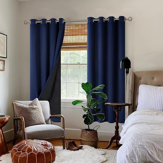 BGment Thermal Insulated 100% Blackout Curtains for Bedroom with Black Liner, Double Layer Full Room Darkening Noise Reducing Grommet Curtain (55 x 69 Inch, Navy Blue, 2 Panels)