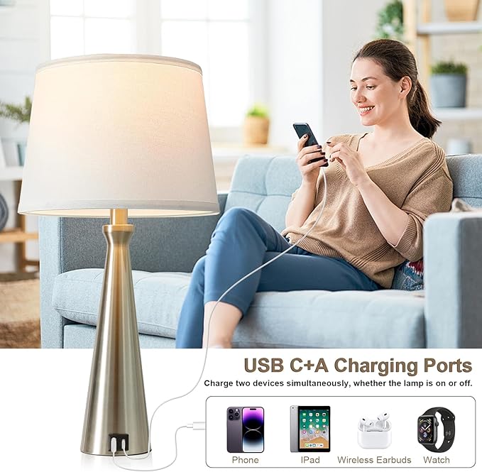 Seealle Modern Table Lamps Set of 2 - Touch Bedside Lamp for Nightstand with Dual USB C+A,3-Way Dimmable Silver Nightstand Lamps for Living Room Bedroom End Table with White Shade(Bulb Included)