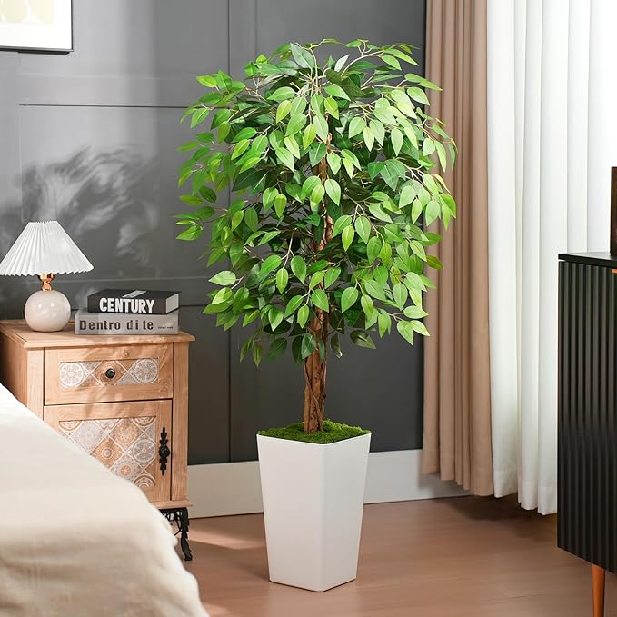 5ft Ficus Artificial Tree with 3 Natural Curved Trunks, 60" Tall Lush Faux Tree for Home Decor Indoor, Green Lifelike Fake Ficus Tree with White Planter Pot