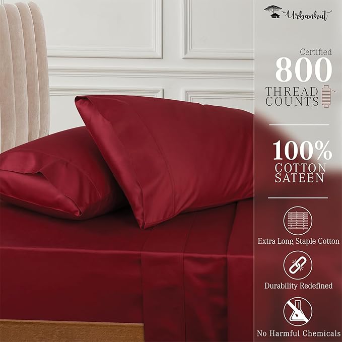 URBANHUT 800 Thread Count 100% Cotton Full Size Sheets, Luxury 4 Piece Full Bedsheets, Hotel Sheets Sateen Finish - Better Than Egyptian, 16" Elasticized Deep Pocket - Burgundy