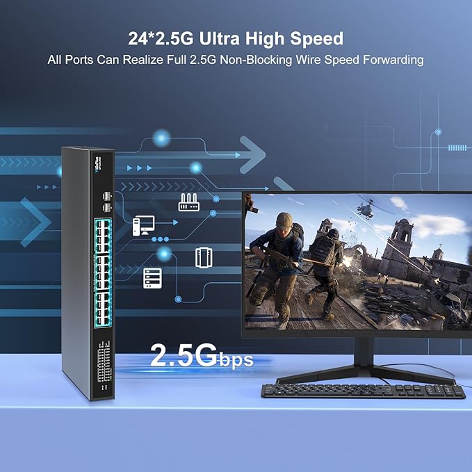 26 Port 2.5Gb Unmanaged Ethernet Switch with 24* 2.5G Base-T Ports, 2* 10G SFP+ Ports. GiGaPlus 2.5Gbps Network Switch for 2.5Gbps NAS/PC, WiFi6 Router, Wireless AP. Fanless Design, Plug and Play