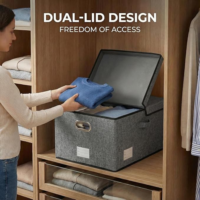 PRANDOM Storage Bins with Lids [3-Pack] Linen Fabric Foldable Storage Boxes Organizer Containers Baskets Cube with Cover Grey(23.4X15.9X11.4)