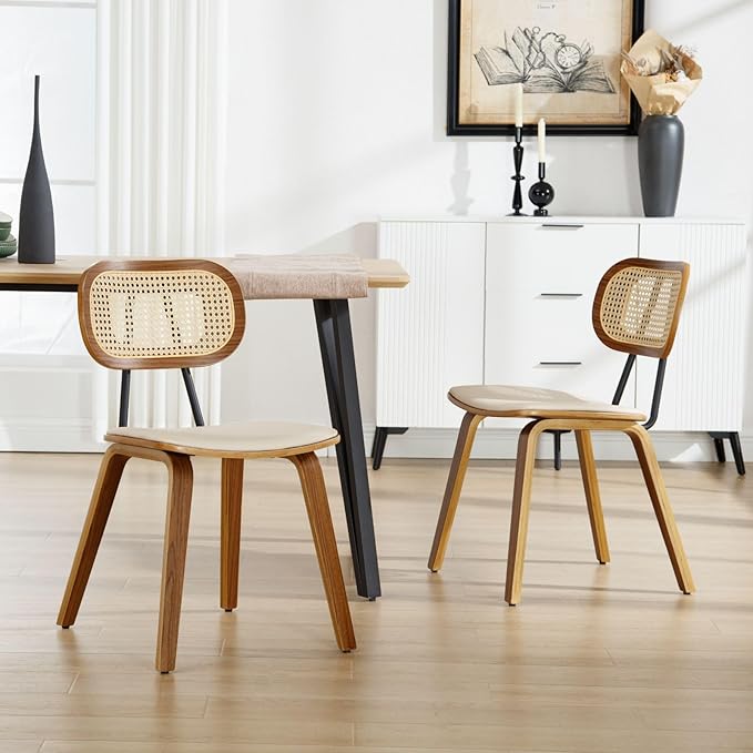 HEAH-YO Modern Dining Chairs Set of 2, Upholstered Faux Leather Dining Room Chairs with Rattan Backrests and Wood Legs, Armless Kitchen Chairs for Dining Room, Beige